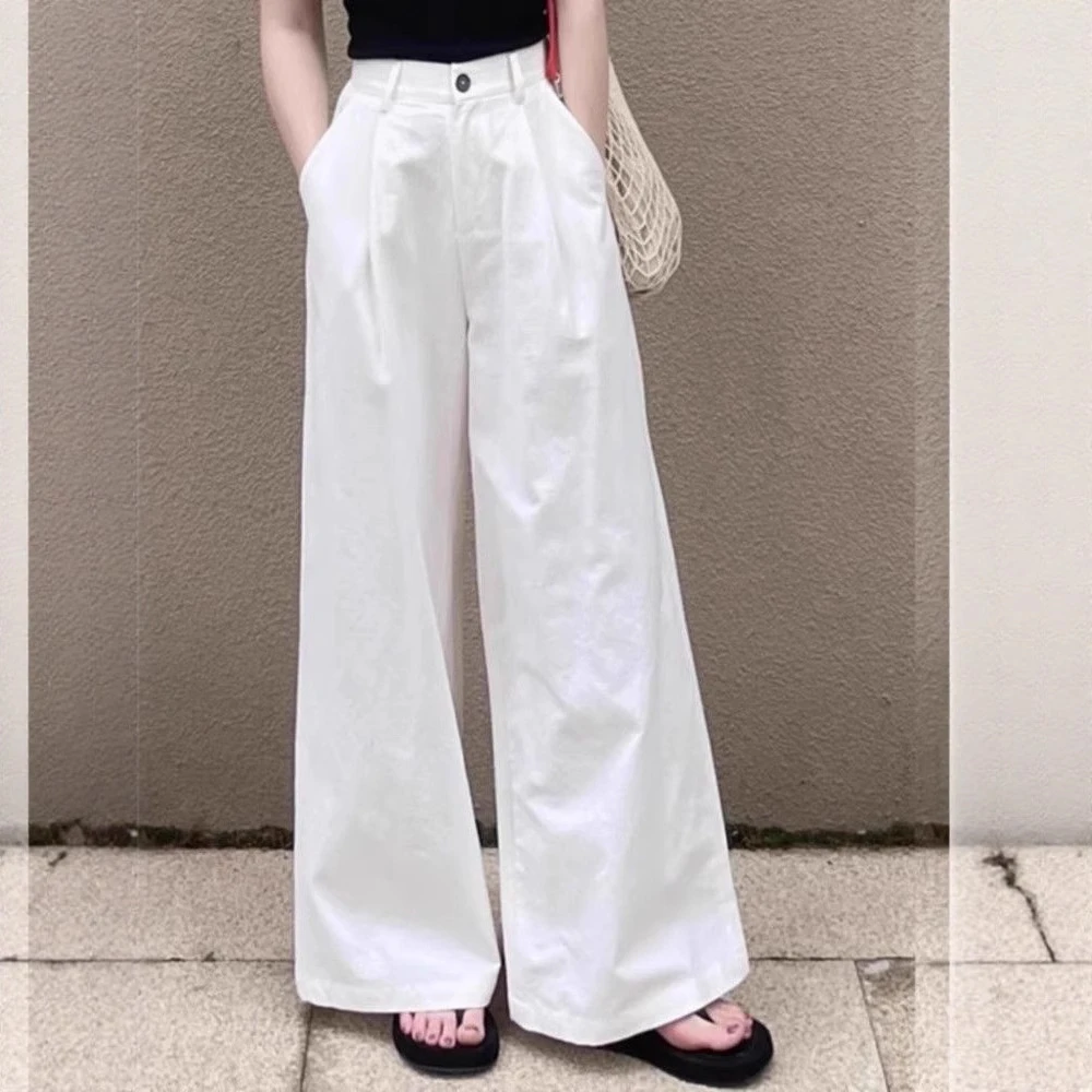白色牛仔阔腿裤女高腰高级感垂感百搭梨形身材裤子宽松显瘦休闲裤