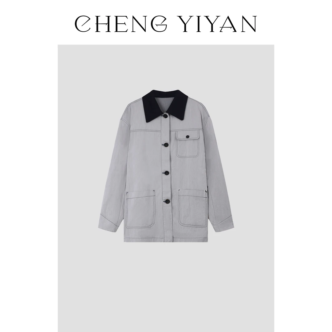 【CHENG YIYAN】惬意时光 复古翻领撞色宽松牛仔外套 YY609#252257J