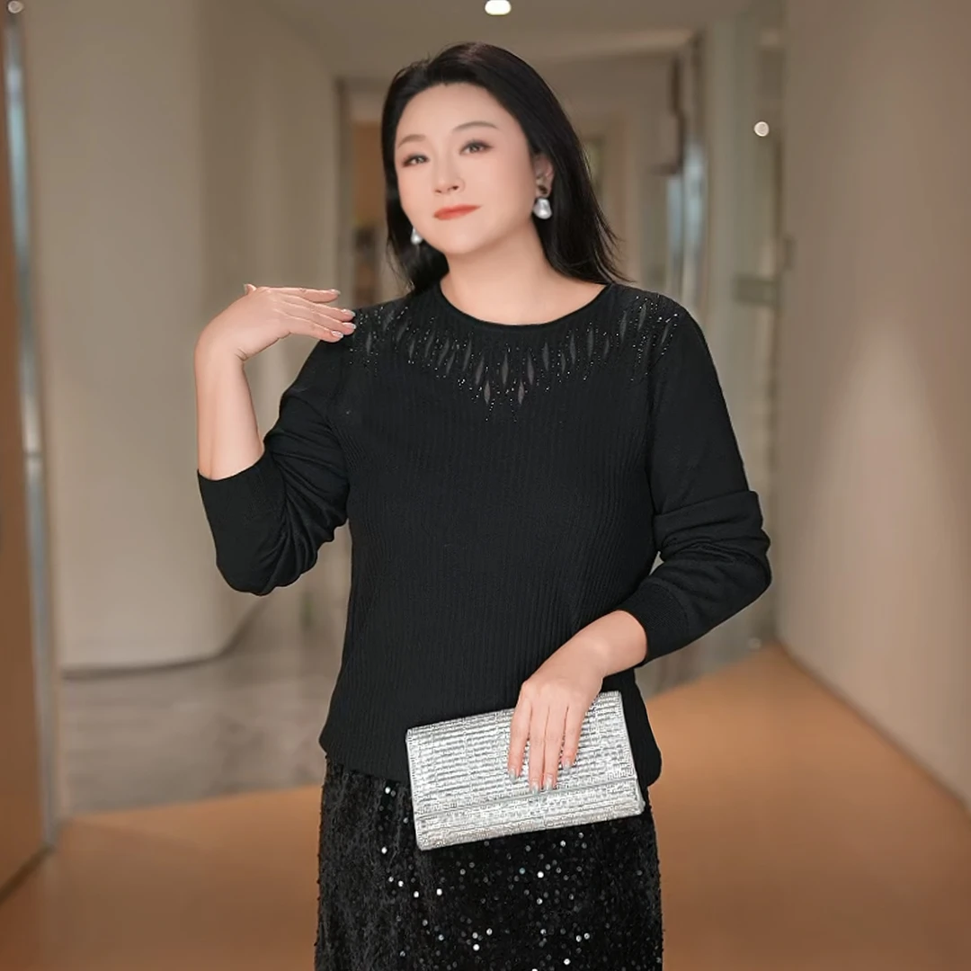 MsShe大码女装2025新款秋装烫钻坑条显瘦圆领套头毛衣B2508026