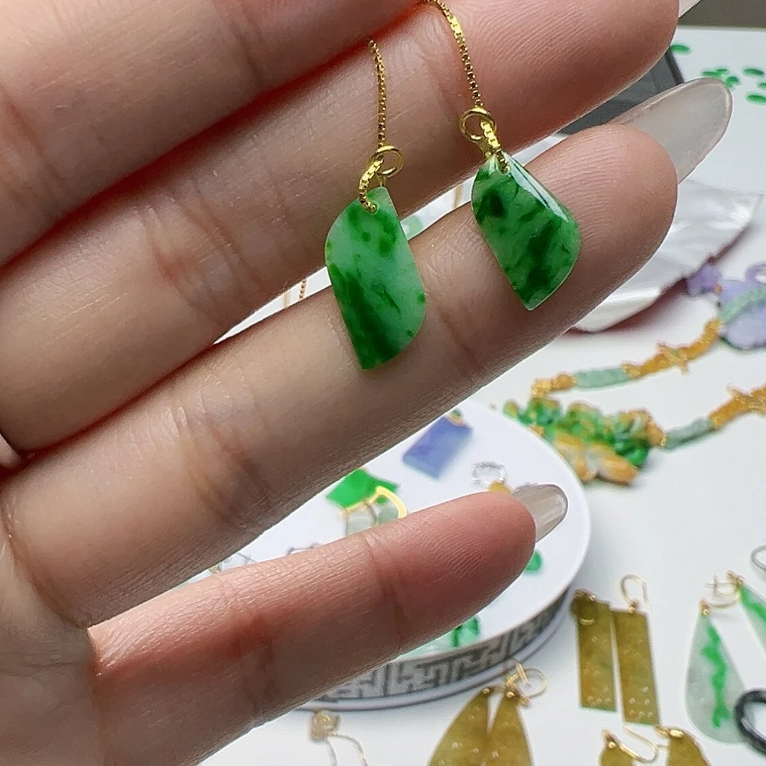 翡翠耳饰银S925镶嵌天然缅甸A货翡翠