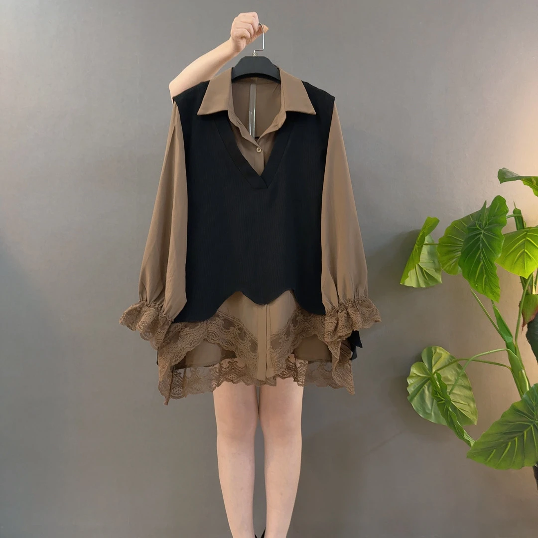 时尚洋气中长款衬衫两件套设计感百搭马甲上衣