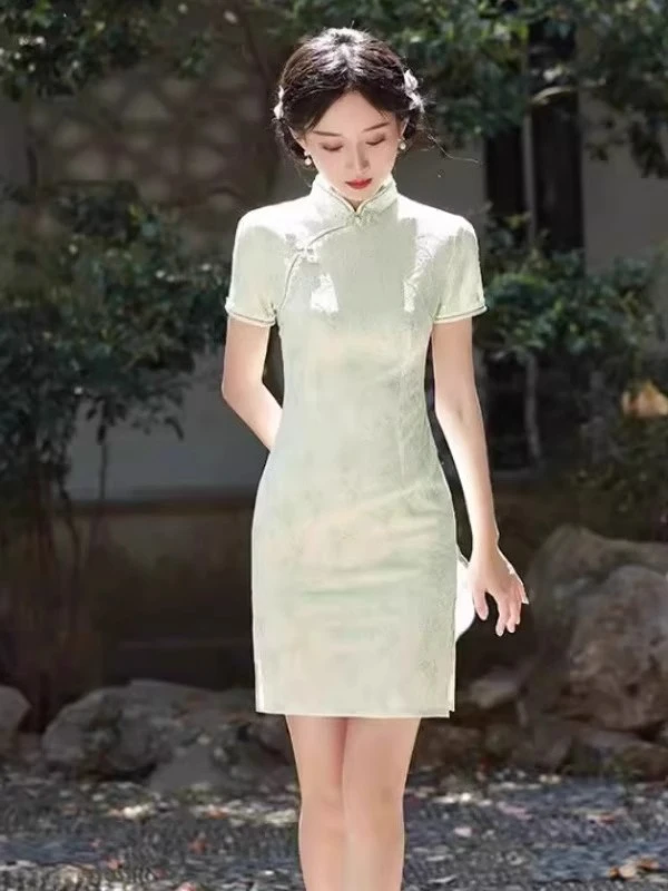 纯色日常一字扣荷叶裙新中式旗袍中长款蕾丝气质时尚少女ins