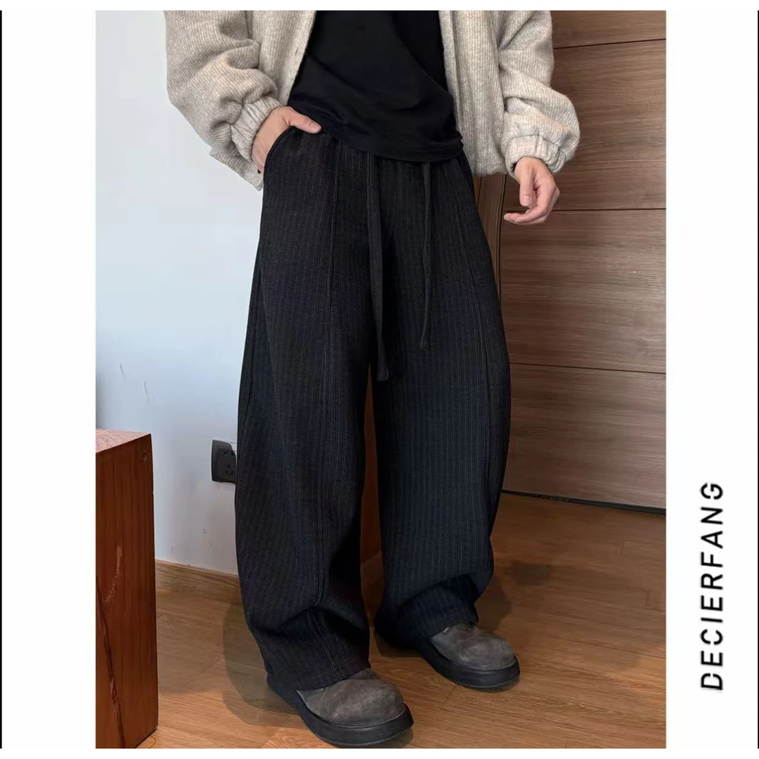 2025秋冬设计师款飘带抽绳竖条纹加绒休闲裤男潮牌百搭弯刀阔腿裤