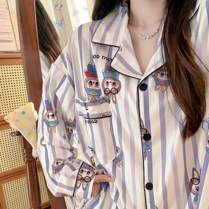 德绒紫条纹拉布布睡衣女秋冬季长袖长裤甜美加厚保暖家居服两件套