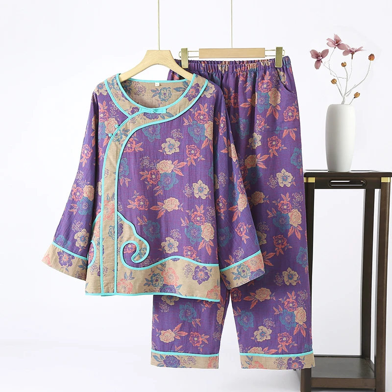新中式国风双层棉纱长袖长裤家居服套装妈妈装中国风宽松宫廷风