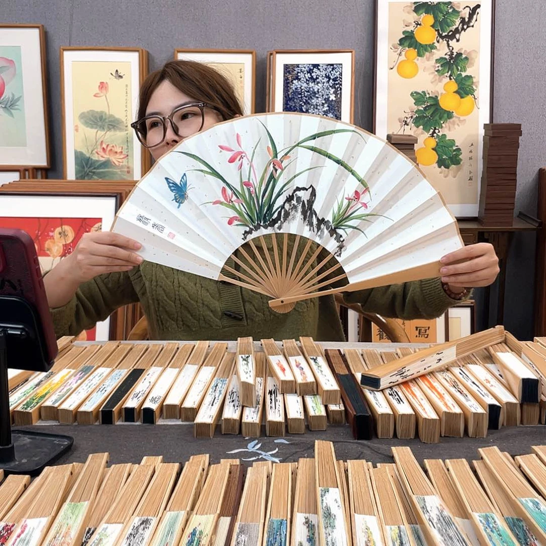 国画10寸玉竹-纯手绘-文玩扇骨（默认粘好）