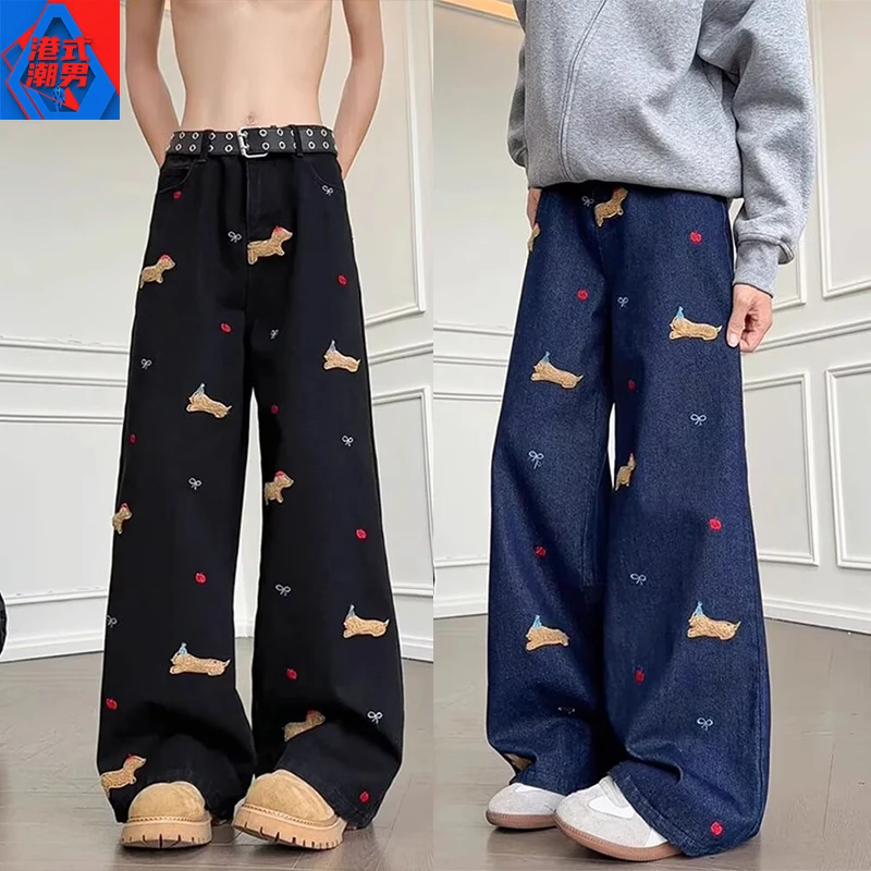 美式复古刺绣牛仔裤男春秋季潮流宽松直筒裤男高街垂感阔腿裤子男