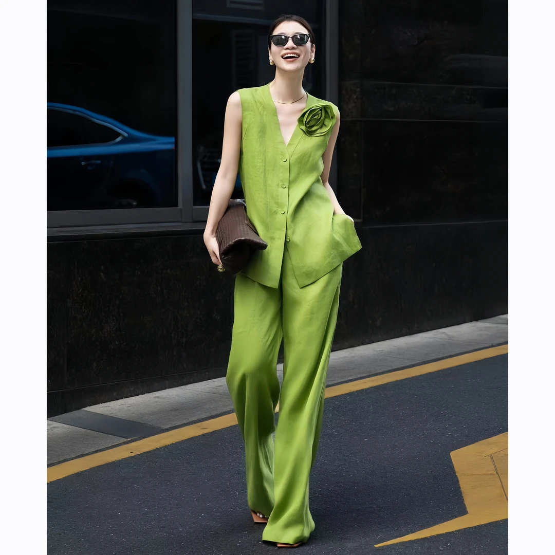 ZEROYK绿色亚麻休闲套装夏季老钱风松弛感花朵无袖上衣长裤两件套