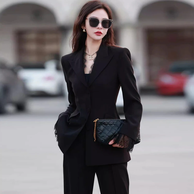 现货 2025年秋季新款西装套装 女气质蕾丝西服外套微喇叭裤两件套