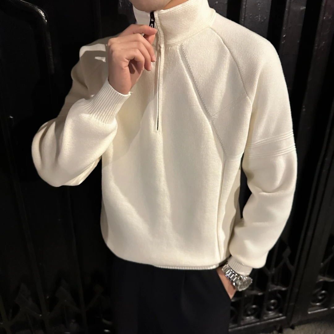 秋冬季立领重磅纯色针织衫百搭拉链男士内搭高级简约POLO领毛衣