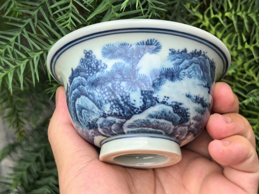 老龙窑青花山水通景压手杯传统柴窑品唇感手感造型好温润如玉复古