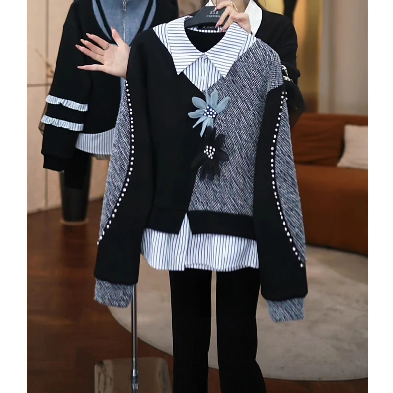 静奢风重工钉钻撞色拼接翻领卫衣女秋冬季新品轻奢精致感显瘦上衣