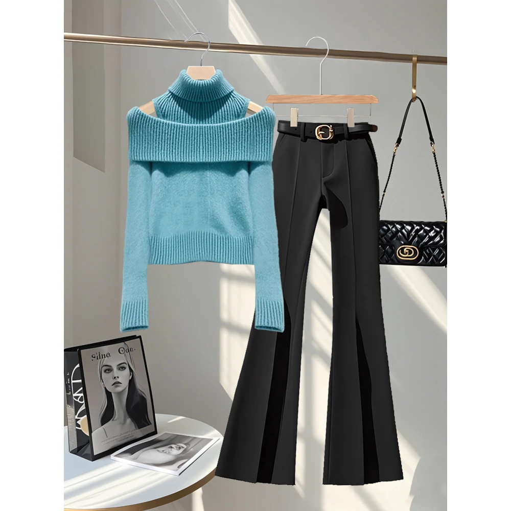 软糯慵懒风假两件高领针织毛衣秋季新款气质黑色直筒喇叭裤套装女