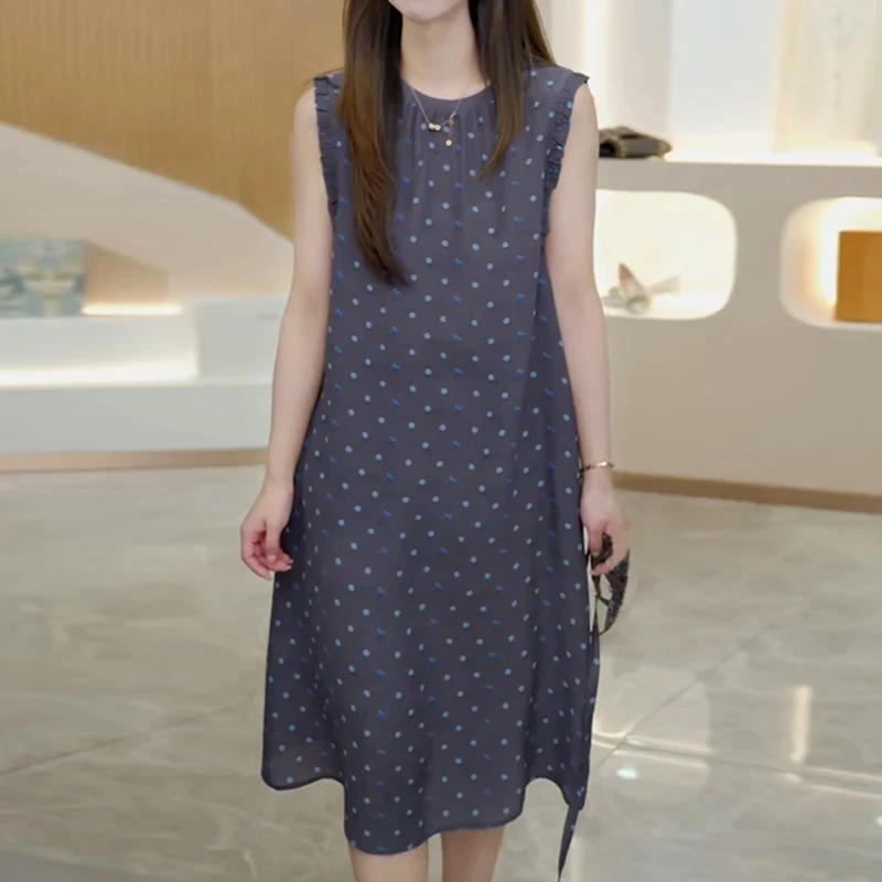 气质慵懒风波点蝴蝶印花连衣裙女2025年夏季新款高级感轻奢中长裙