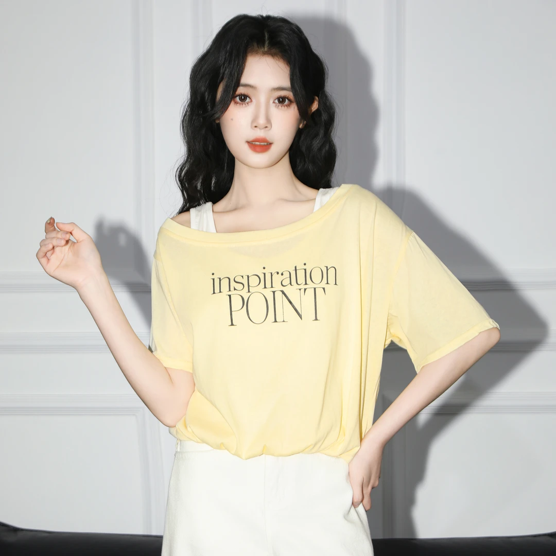 黄色假两件短袖T恤女夏2025夏季新款吊带拼接露肩体恤小个子上衣