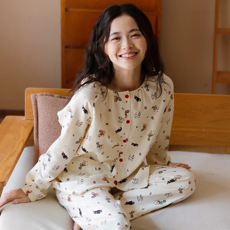 卡通可爱印花秋冬纯棉磨毛绒布女士圆领开衫睡衣休闲家居服可外穿