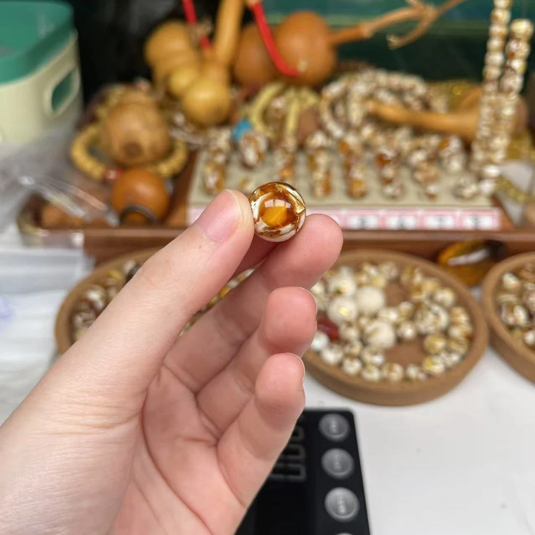 沁色蜜蜡白花圆珠一物一图尺寸14.1mm搭配手串好看9144号