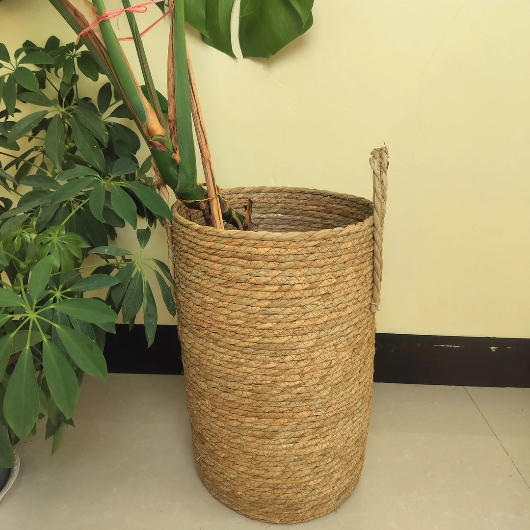 简约度假风手工草编两用收纳筐，客厅卧室脏衣篮储物篮，绿植花盆
