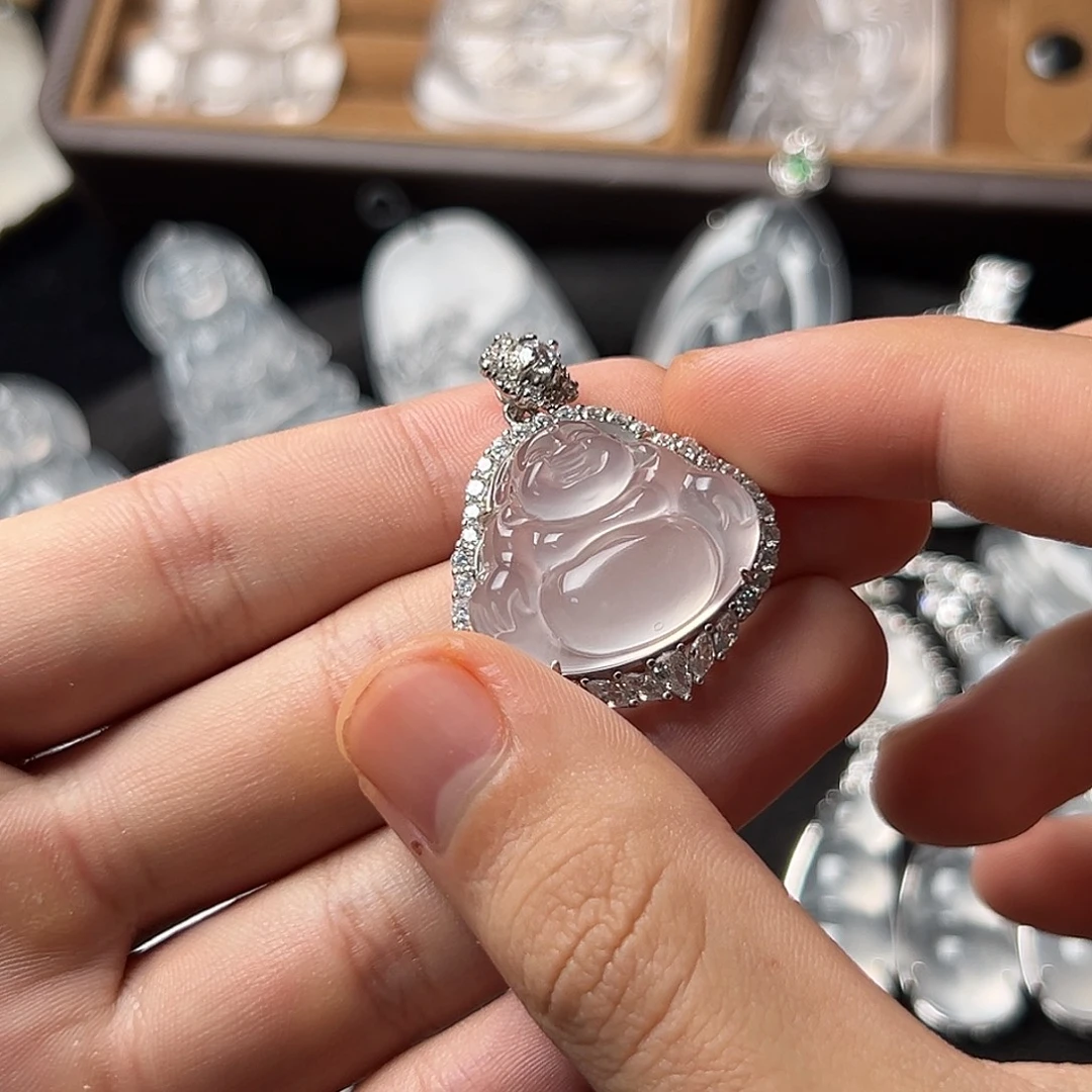 石英质玉银S925镀金镶嵌颈饰黑钢佛公