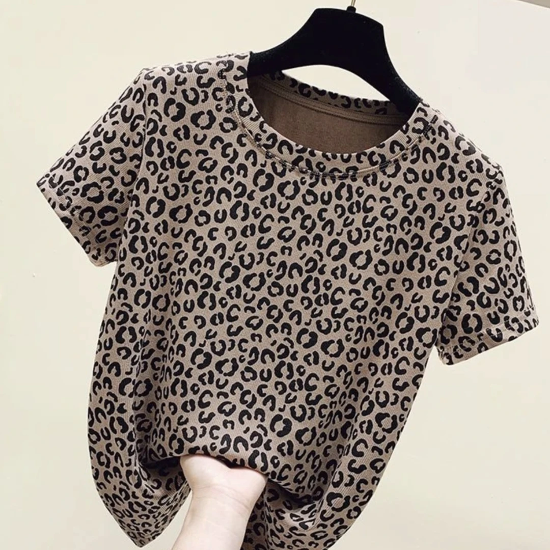 短袖碎花常规款潮流圆领气质显瘦百搭慵懒风T恤透气豹纹修身花色