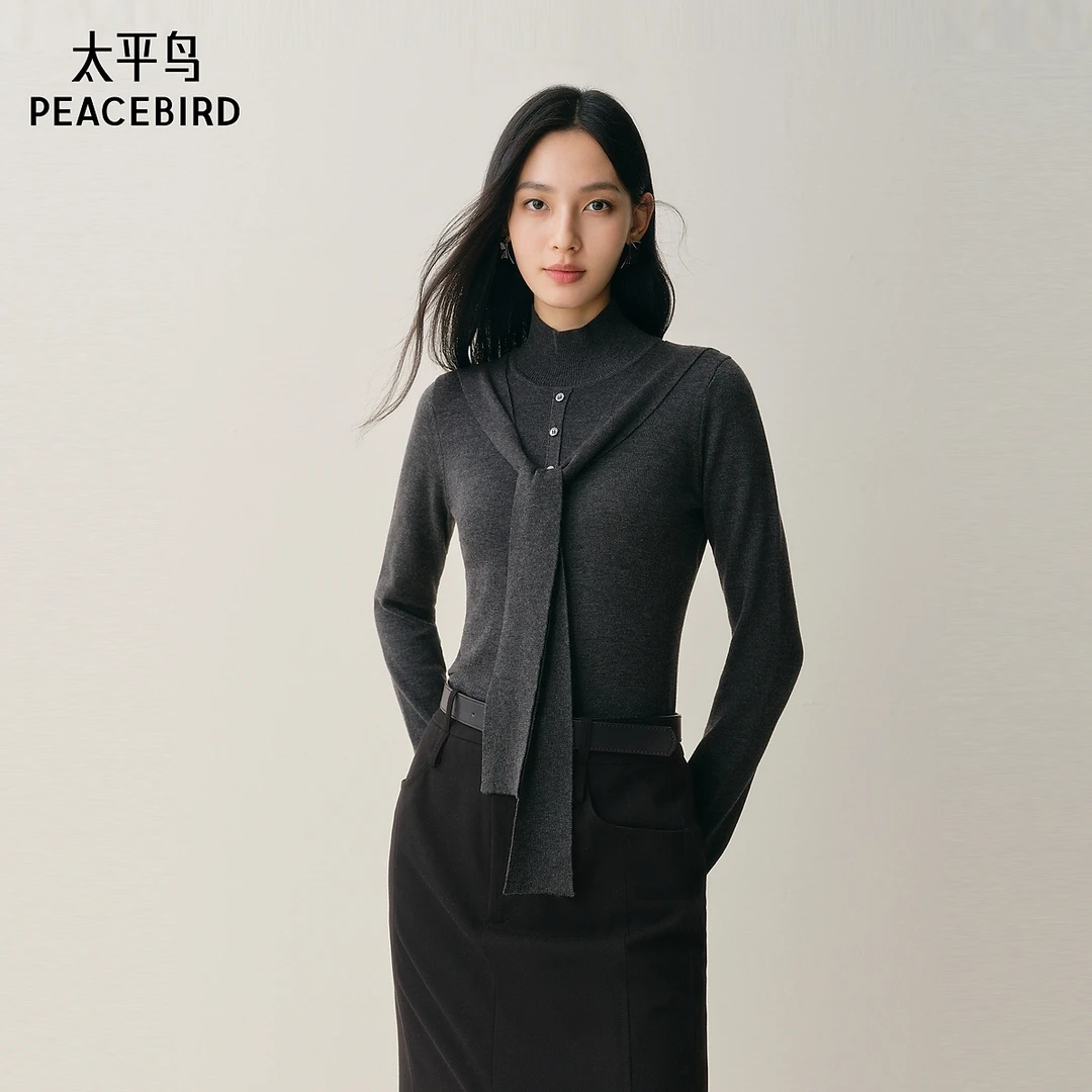 【粉丝专属】太平鸟羊毛混纺半高领针织衫飘带毛衫AAEEF410P