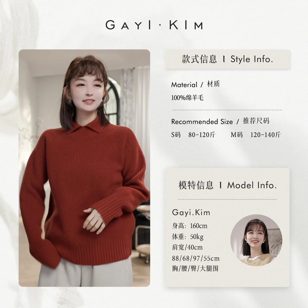 珈伊-【里尼信筏】韩系时尚通勤百搭插肩袖翻领套头长袖羊毛毛衣女