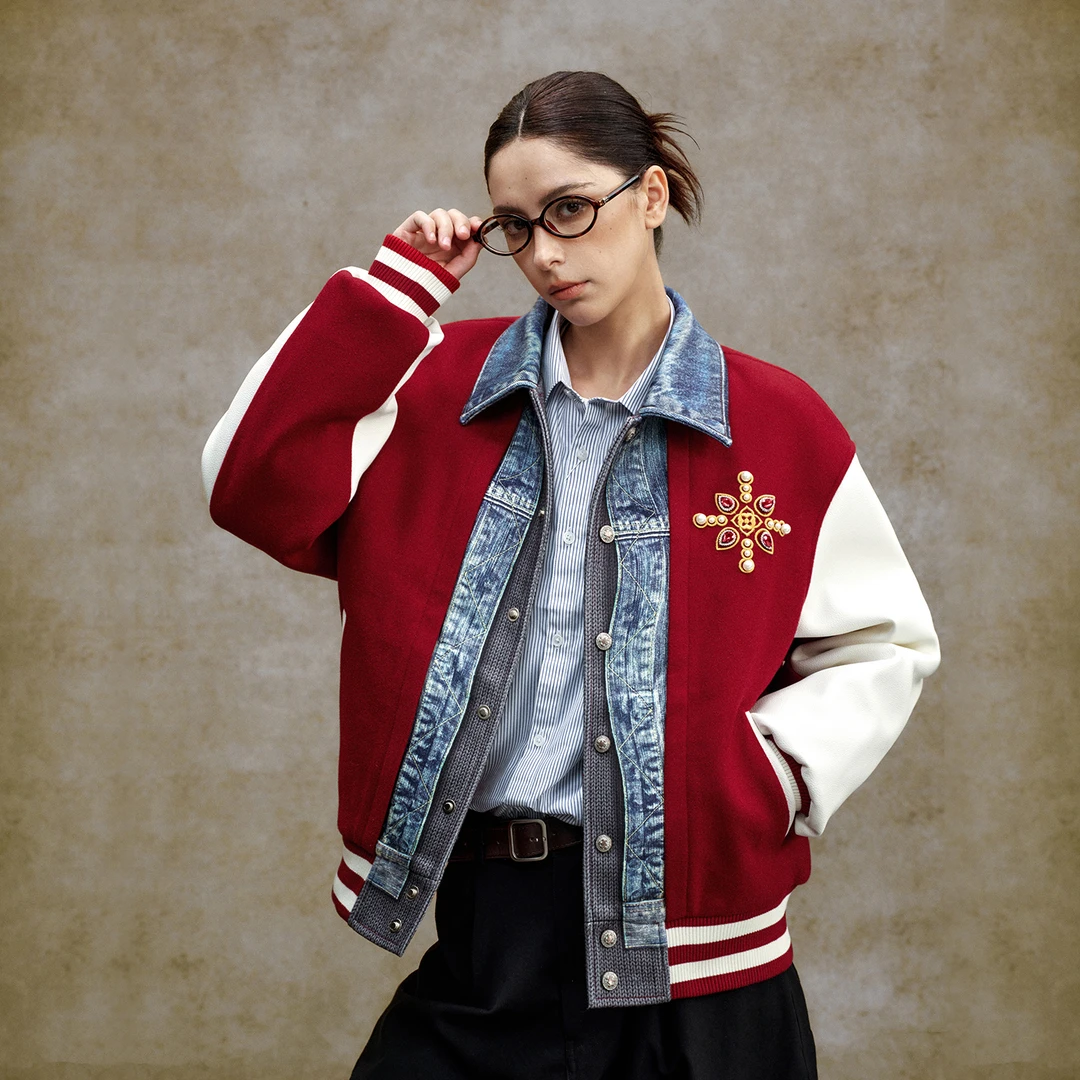 【双旦新年战袍】张函瑞同款YAD打印牛仔夹棉棒球服珍珠十字花外套