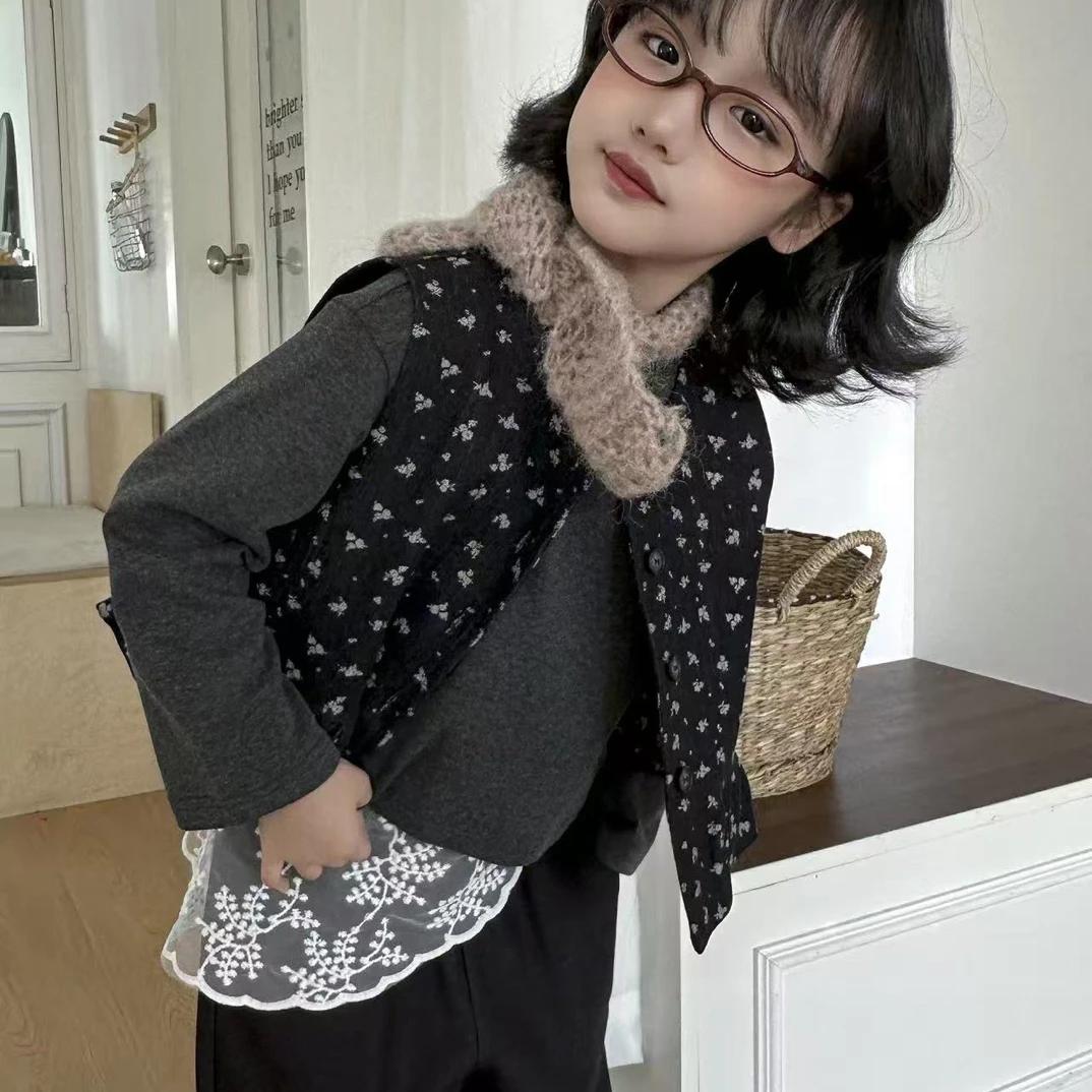 女童2025秋季新款马甲打底衫裤子三件套