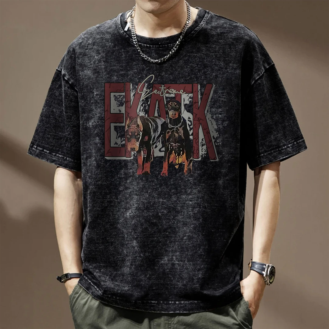 男装短袖t恤休闲潮牌水洗做旧圆领男款港风男生圆领ins创意