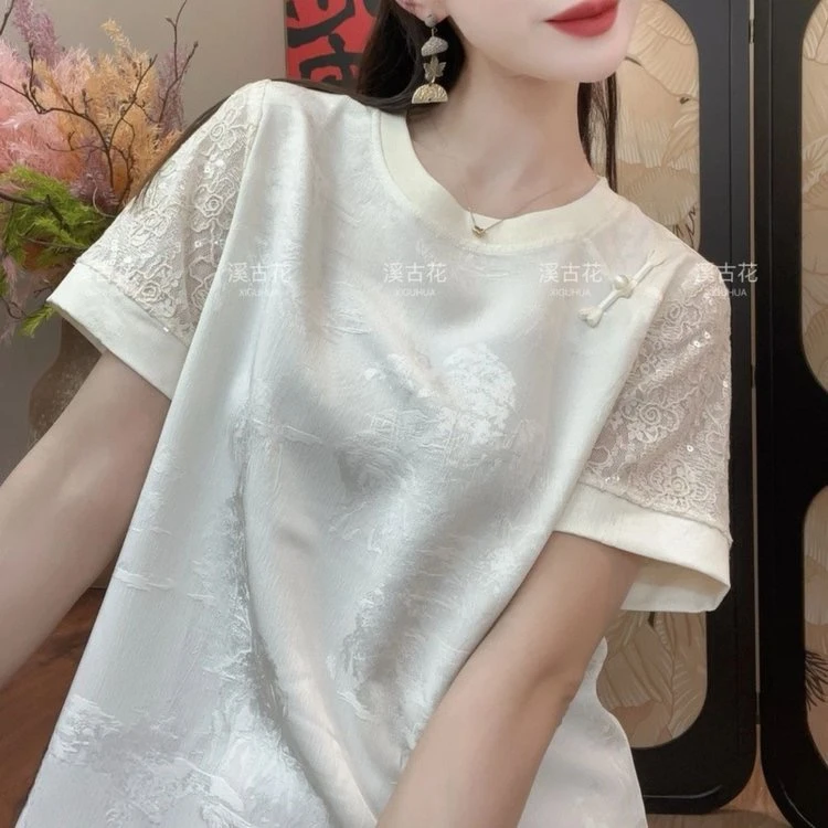 新款新中式国风女装上衣夏季百搭轻奢短袖T桖提花透气气质