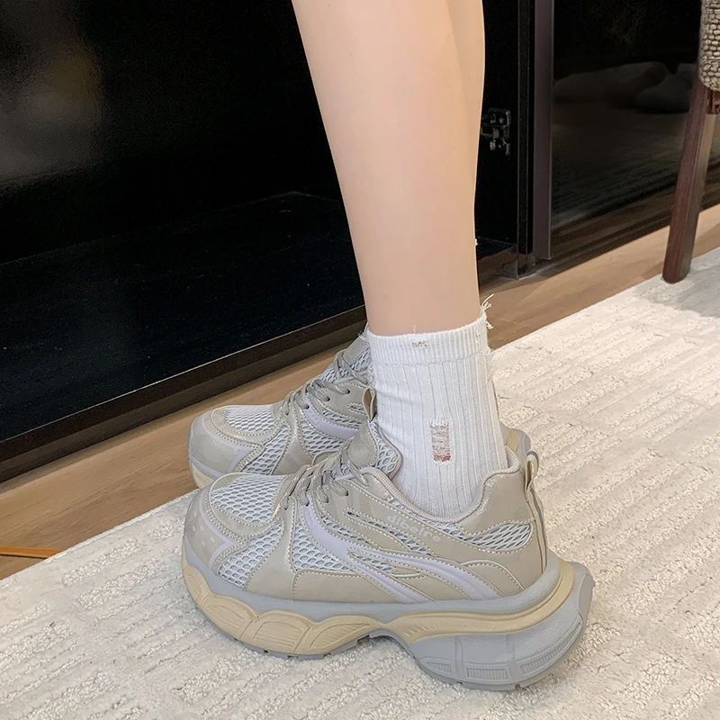 网面厚底老爹鞋女2025秋季新款系带运动鞋百搭跑步旅行休闲鞋