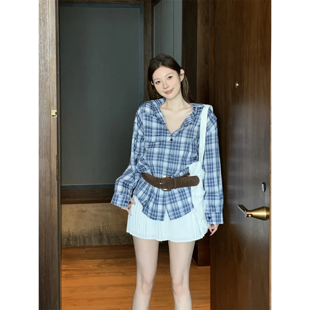 韩系出行风穿搭宽松格纹翻领衬衫气质高腰显瘦百褶半身裙三件套