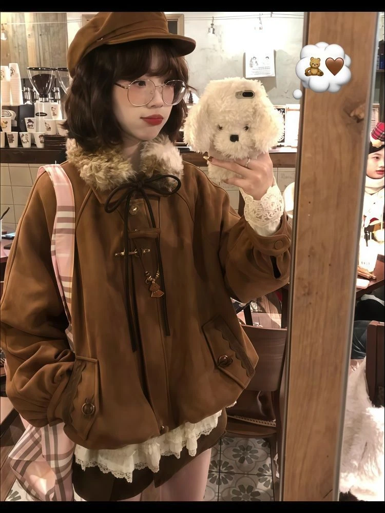 复古韩版气质秋冬季棕色外套夹克显瘦设计感蕾丝屁帘高腰短裙套装