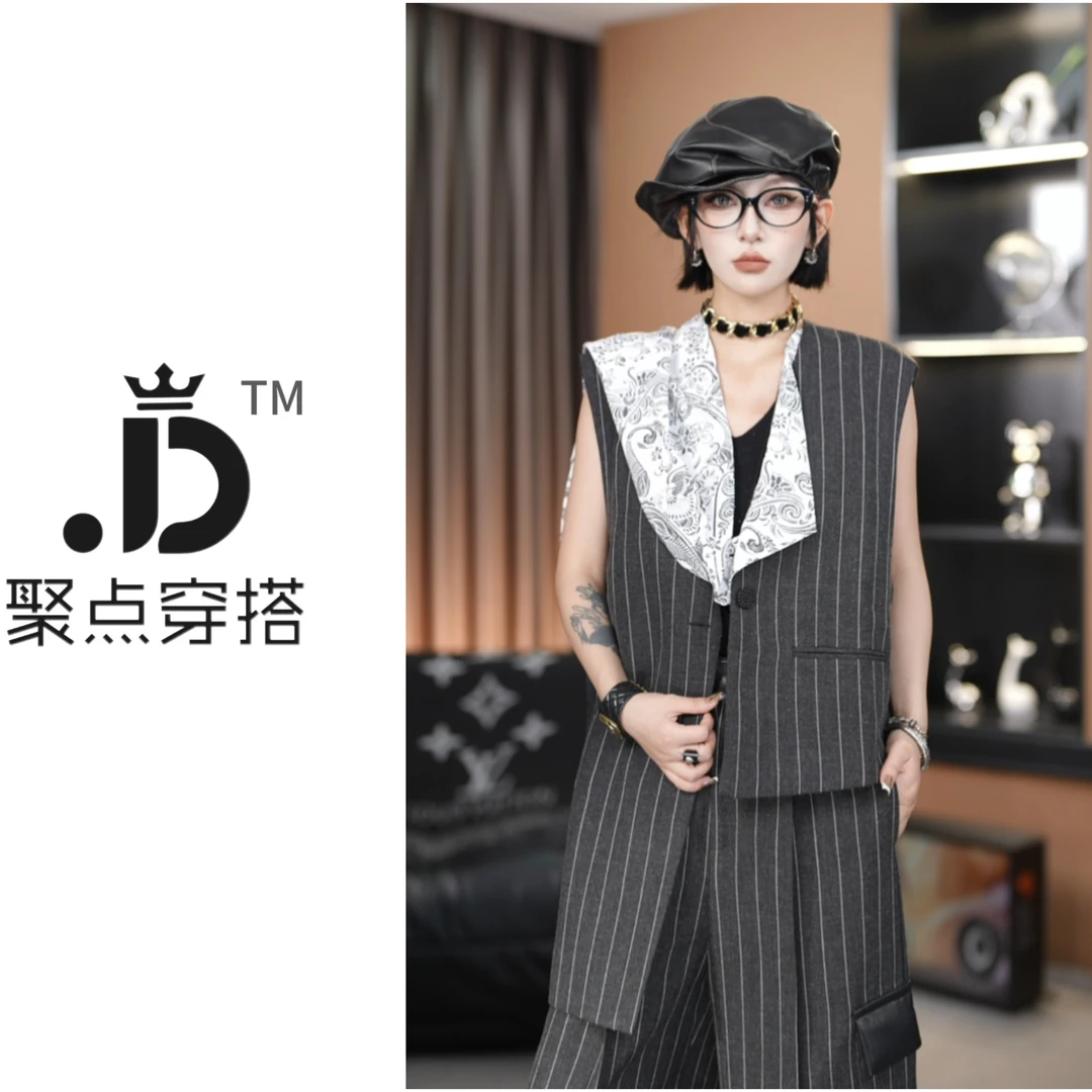 JUDIAN-【秋寻时光】弛感老钱风时尚马甲加七分裤套装8jd00303