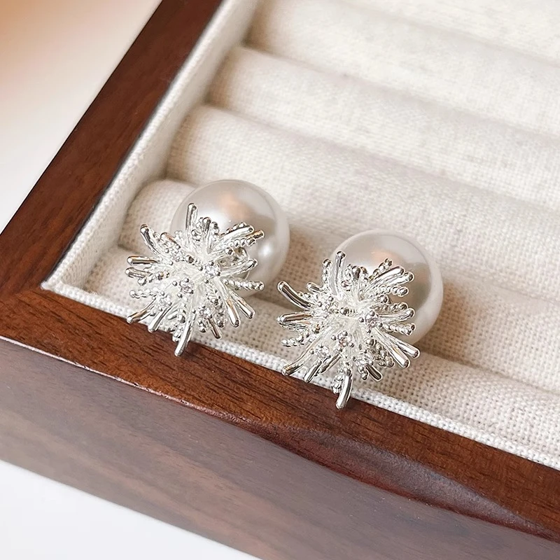 铜合金耳饰  璀璨烟火银色珠珠耳钉轻奢耳环2025新款一款两戴耳饰