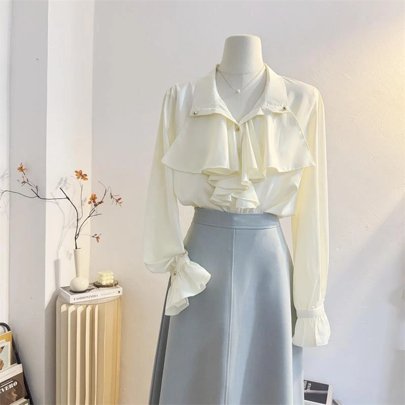 法式复古宫廷风翻领荷叶边衬衫女2025春季设计感洋气别致小衫上衣