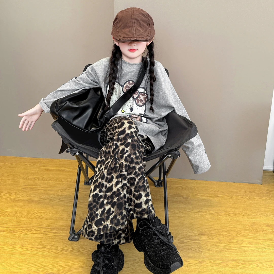女童2025新款韩系休闲洋气穿搭宽松卫衣时尚豹纹阔腿裤两件套潮酷