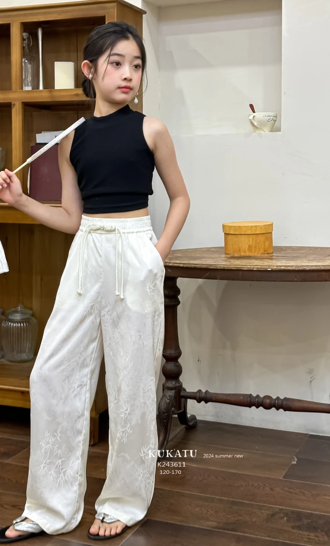 3611库卡图新中式高腰显瘦阔腿裤缎面提花直筒休闲拖地裤春夏薄款