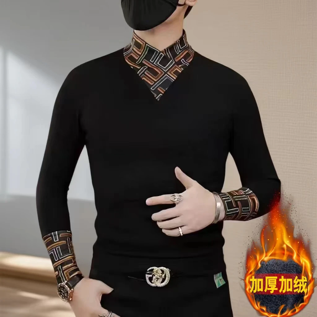 冬季轻奢潮流网红时尚个性百搭男士加绒修身打底衫围巾领长袖卫衣