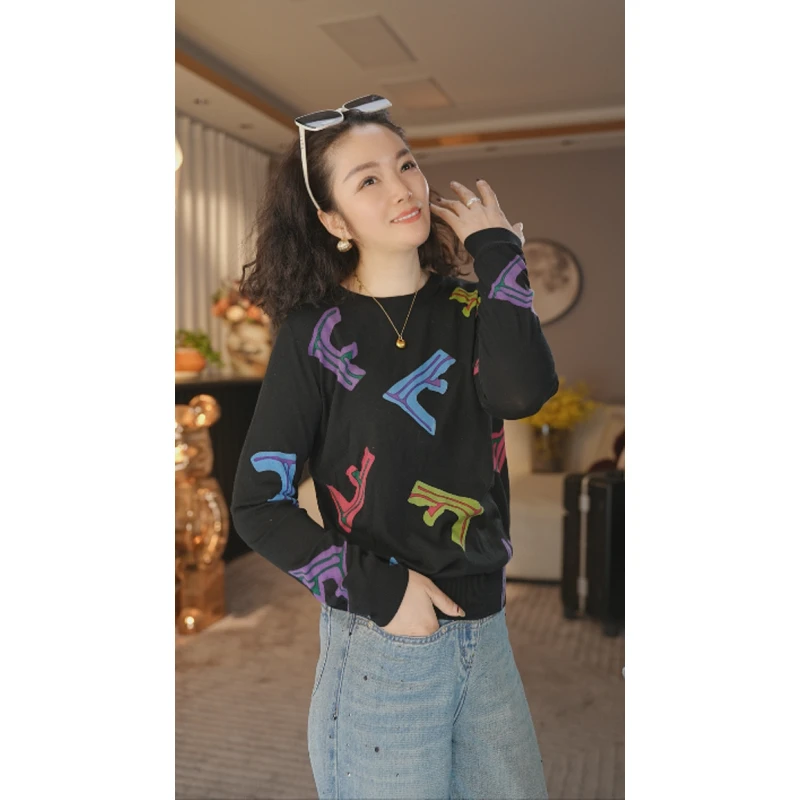 JIUER[字母]针织印花圆领长袖 长袖春秋休闲百搭印花长袖25226