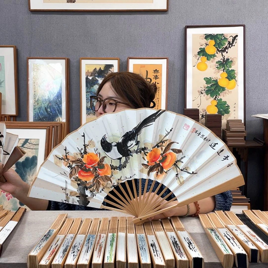 国画10寸玉竹-纯手绘-文玩扇骨（默认粘好）