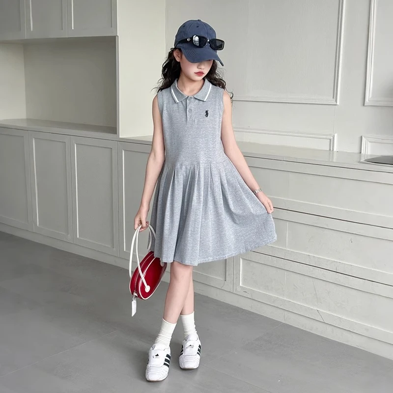 女童夏季Polo衫连衣裙2025新款女孩无袖背心裙显瘦百褶裙韩版洋气