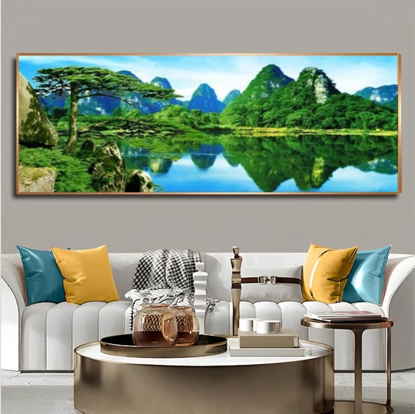 (山水风景)客厅新中式沙发背景办公室晶瓷镶钻客厅背景挂墙壁画