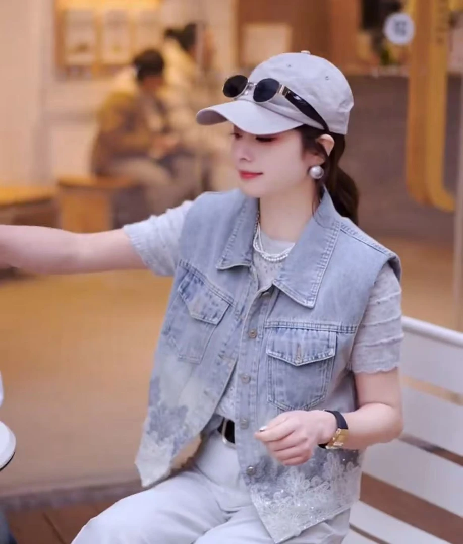 华丽微微【定格】春季新款休闲重工刺绣牛仔马甲外套MJ1120