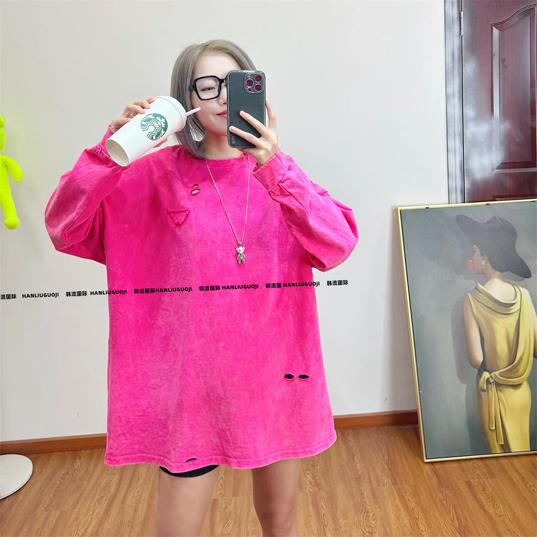 新款扎染学院风圆领破洞春秋冬加厚大版宽松休闲T恤套头韩版长袖