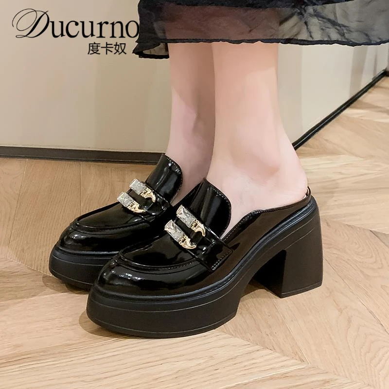 10cm高跟厚底半拖鞋女2025新款外穿真皮包头凉拖鞋小个子百搭网红