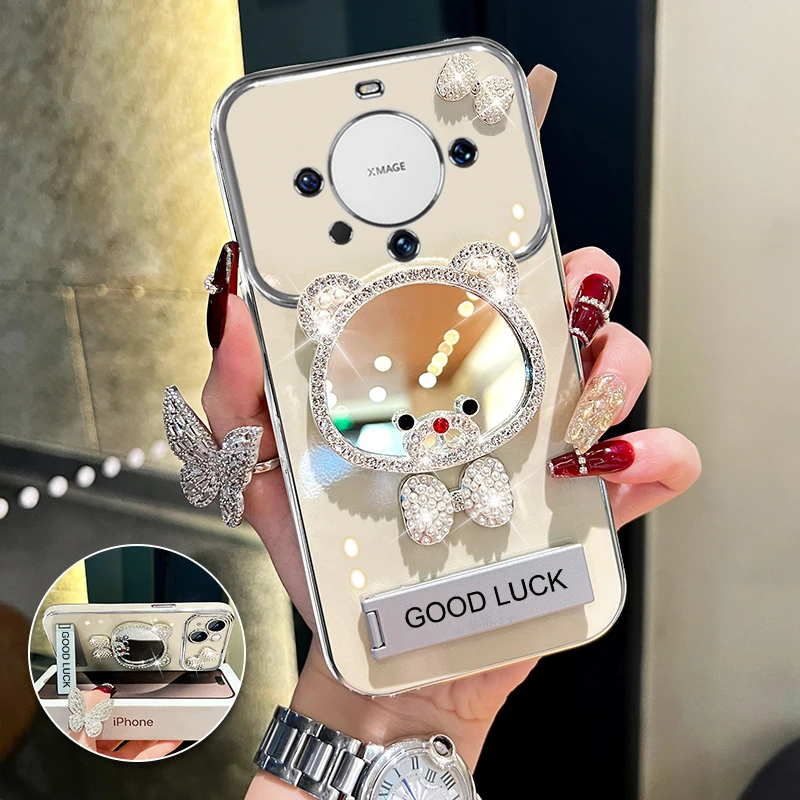适用华为mate60pro领结熊补妆镜大视窗手机壳创意电镀防摔女款