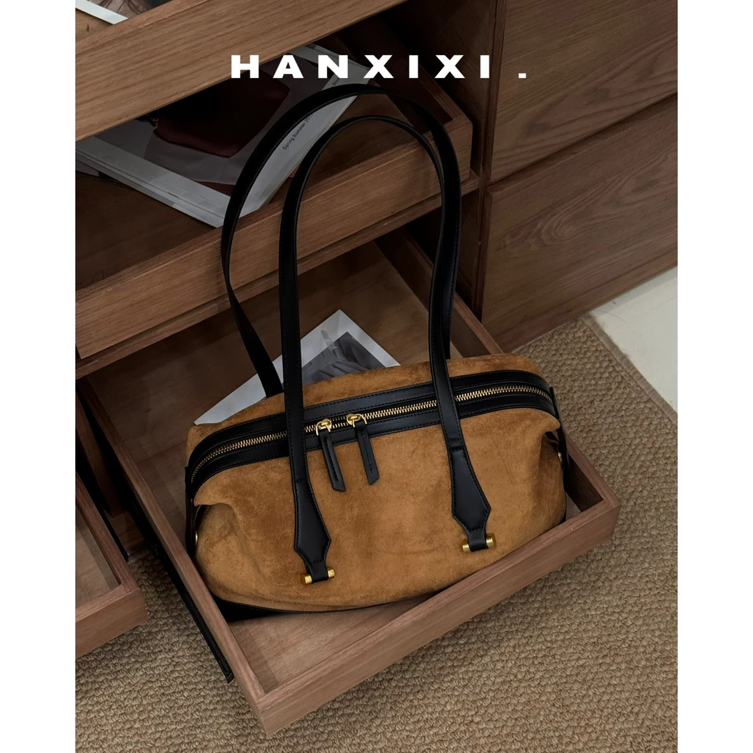 HANXIXI/韩希希 麂皮绒真皮枕头包秋冬新款复古单肩腋下波士顿包