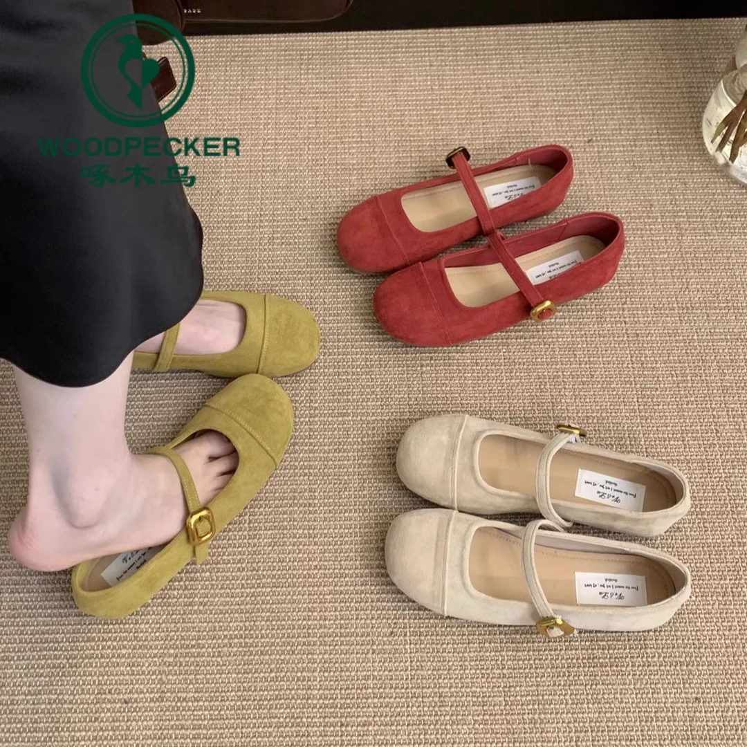 啄木鸟浅口红色单鞋新款法式复古温柔仙女绒面玛丽珍鞋平底豆豆鞋