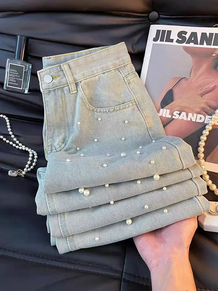 2025夏季新款钉珠阔腿牛仔裤女高腰复古显瘦百搭直筒长裤子